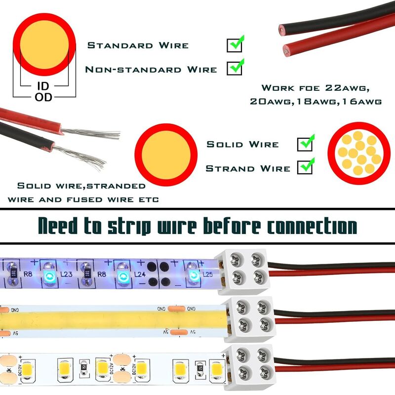 RY 8mm 25pcs Solderless LED Tape Light Connector 2 Pin Screw Down Terminal Block Connector Led Connectors for Strip Lights
