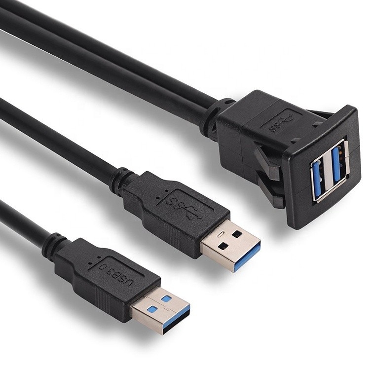 2M Dual Ports Square Usb 3.0 Panel Mount Usb Extension Cable With Buckle