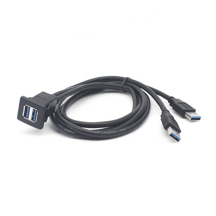 2M Dual Ports Square Usb 3.0 Panel Mount Usb Extension Cable With Buckle
